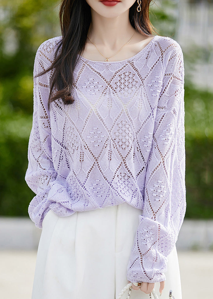 New Purple Geometric Plaid Knit Pullover Sweater