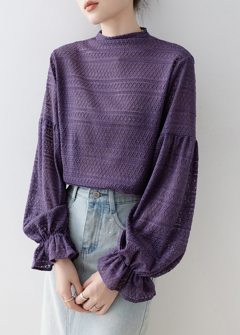 New Purple Hollow Out Patchwork Cotton T Shirt Tops Lantern Sleeve