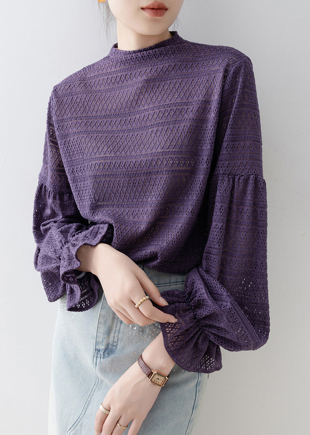 New Purple Hollow Out Patchwork Cotton T Shirt Tops Lantern Sleeve