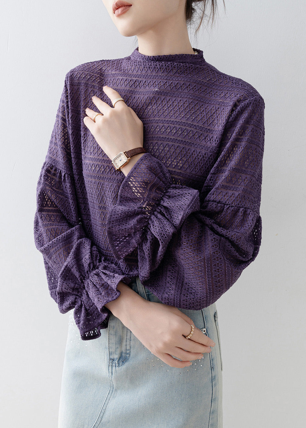 New Purple Hollow Out Patchwork Cotton T Shirt Tops Lantern Sleeve