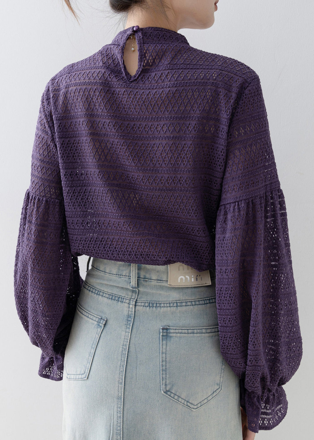 New Purple Hollow Out Patchwork Cotton T Shirt Tops Lantern Sleeve