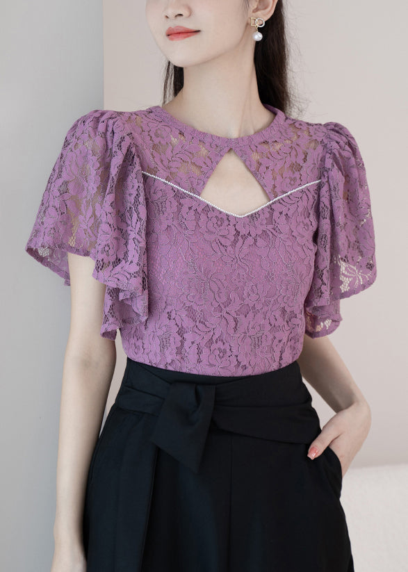 New Purple O-Neck Hollow Out Lace Shirt Summer