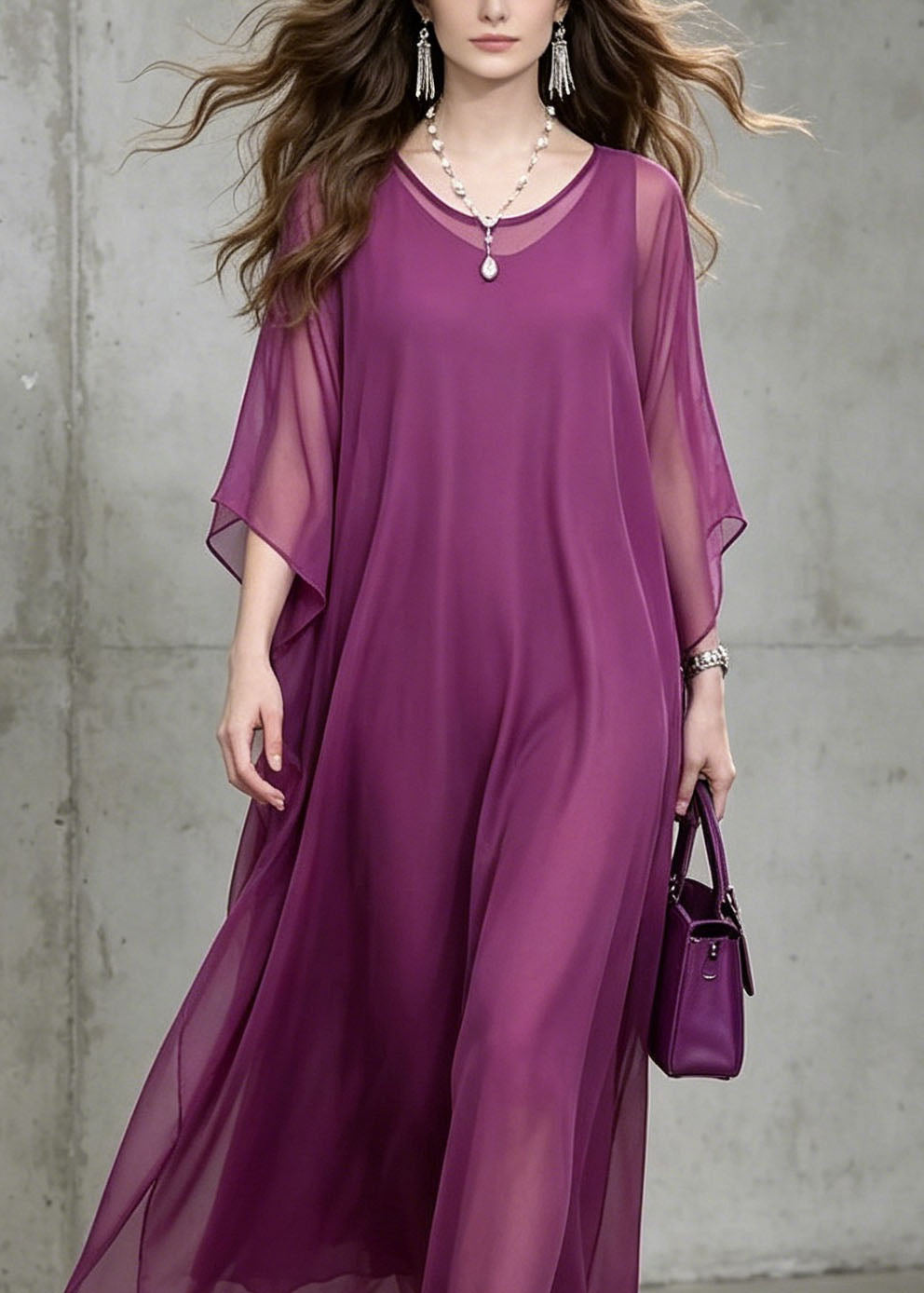New Purple O Neck Loose Chiffon Ankle Dress Summer