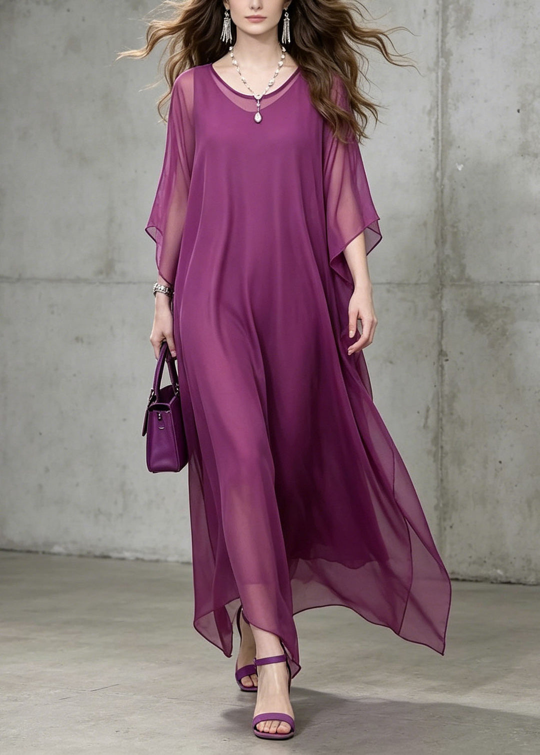 New Purple O Neck Loose Chiffon Ankle Dress Summer