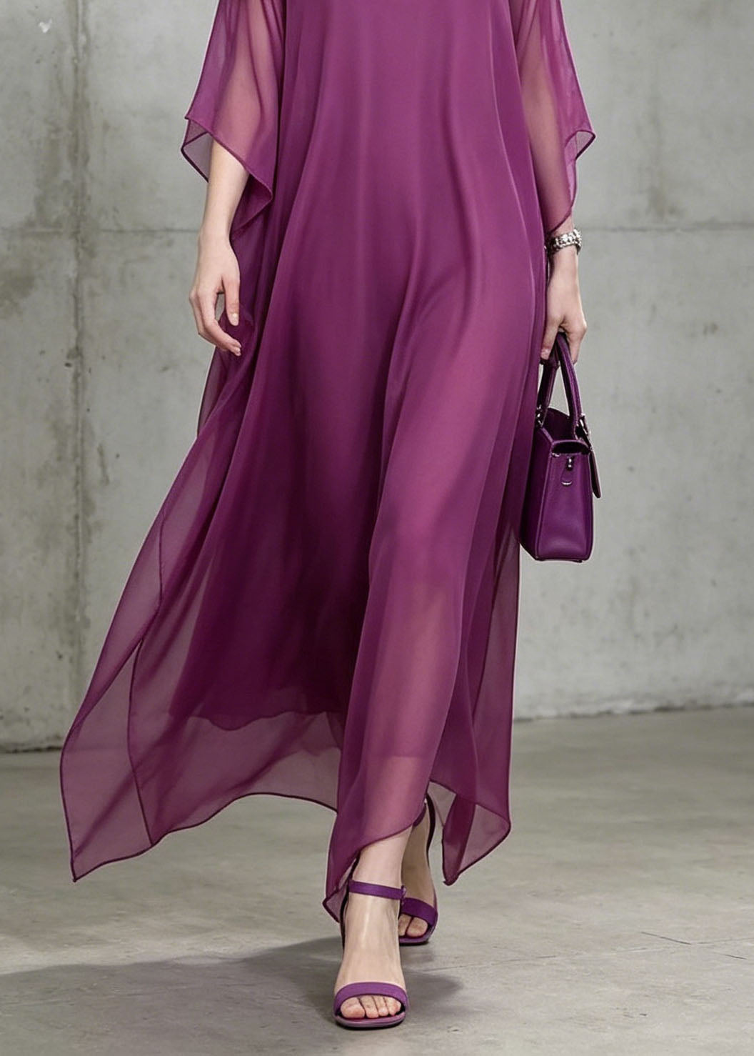 New Purple O Neck Loose Chiffon Ankle Dress Summer