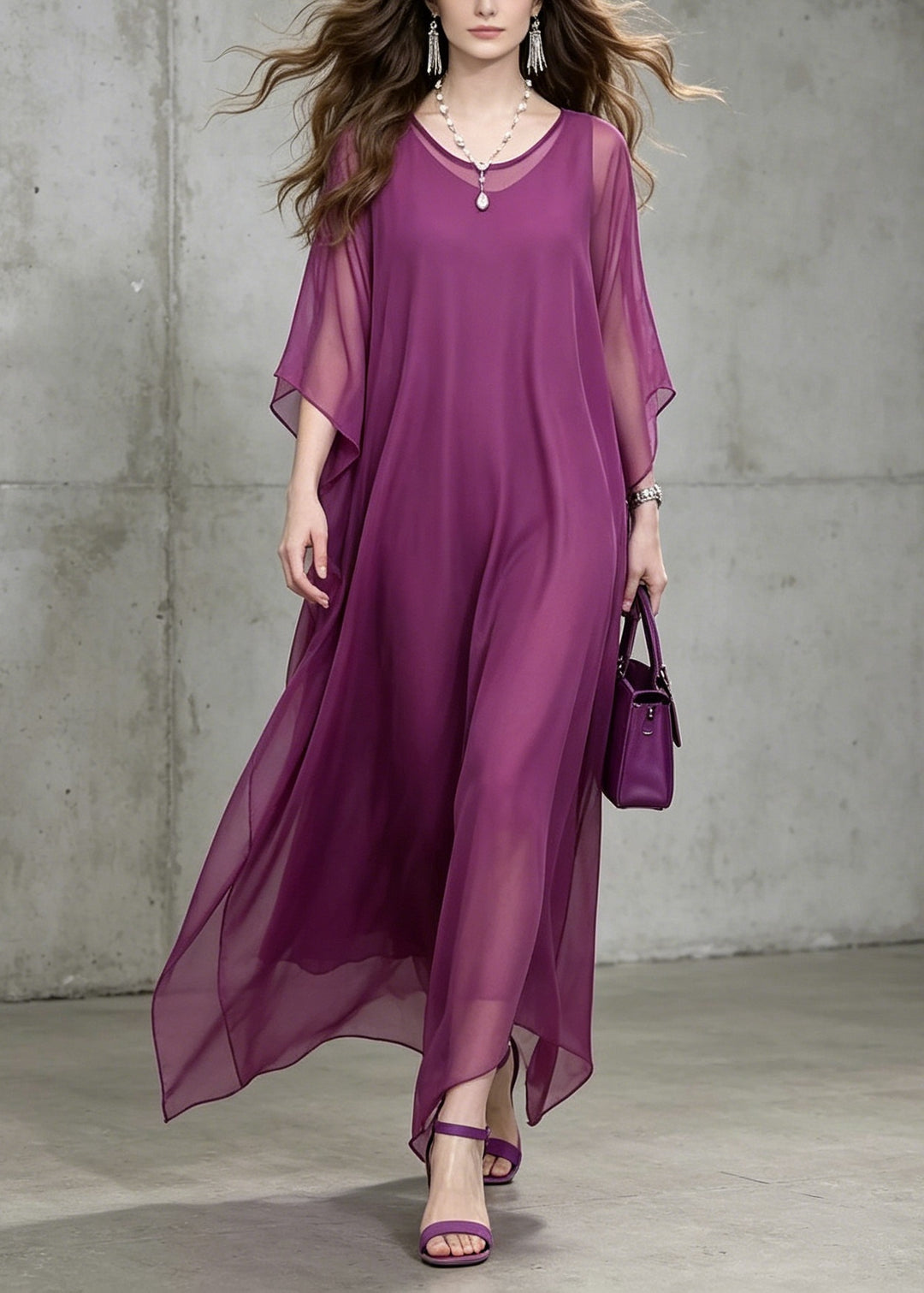 New Purple O Neck Loose Chiffon Ankle Dress Summer