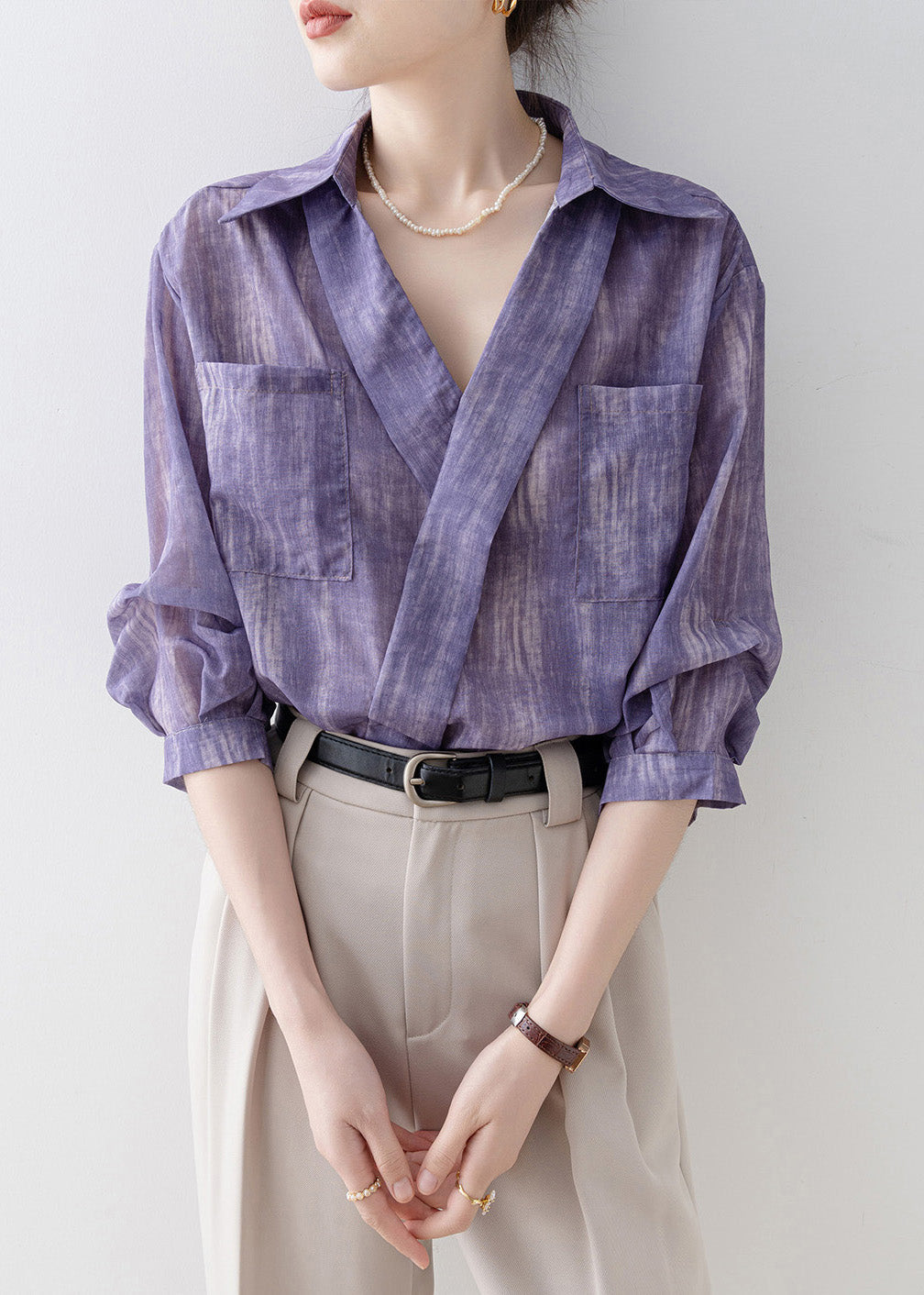 New Purple Peter Pan Collar Striped Pockets Cotton Shirts Summer