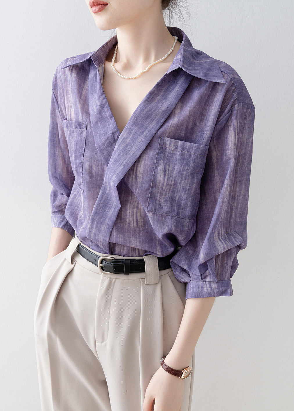 New Purple Peter Pan Collar Striped Pockets Cotton Shirts Summer