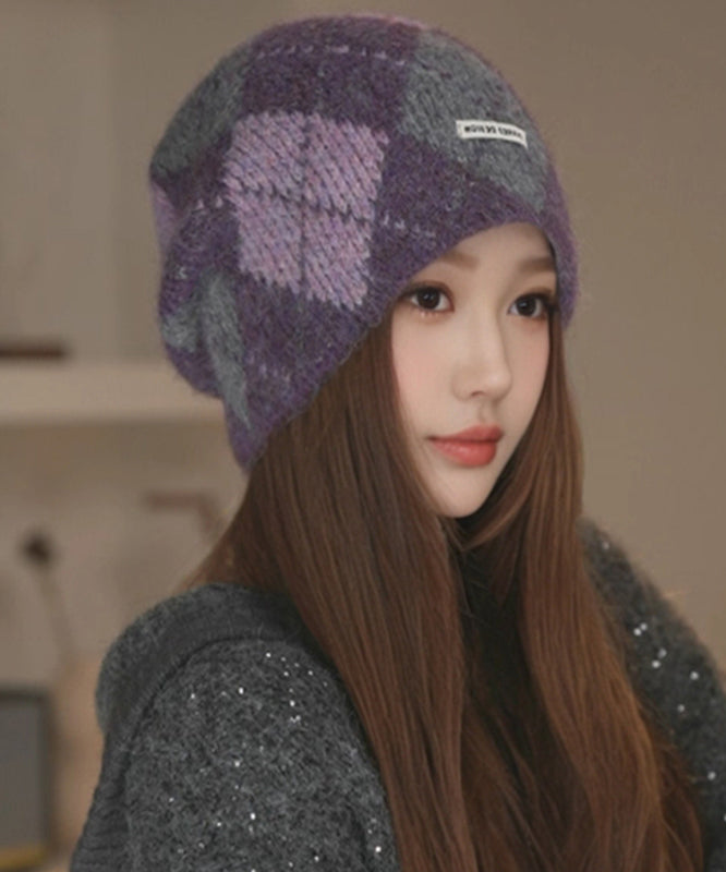 New Purple Plaid Cozy Warm Knit Bonnie Hat