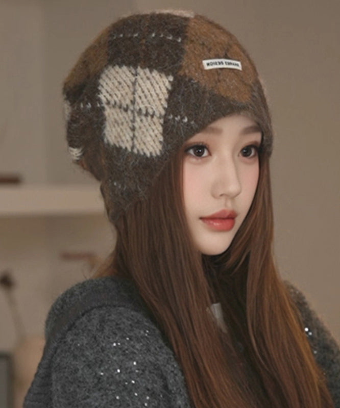 New Purple Plaid Cozy Warm Knit Bonnie Hat