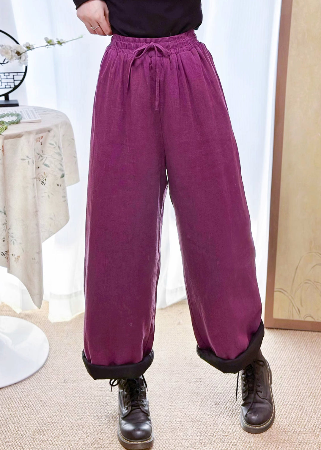 New Purple Pockets Elastic Waist Fine Cotton Filled Pants Winter