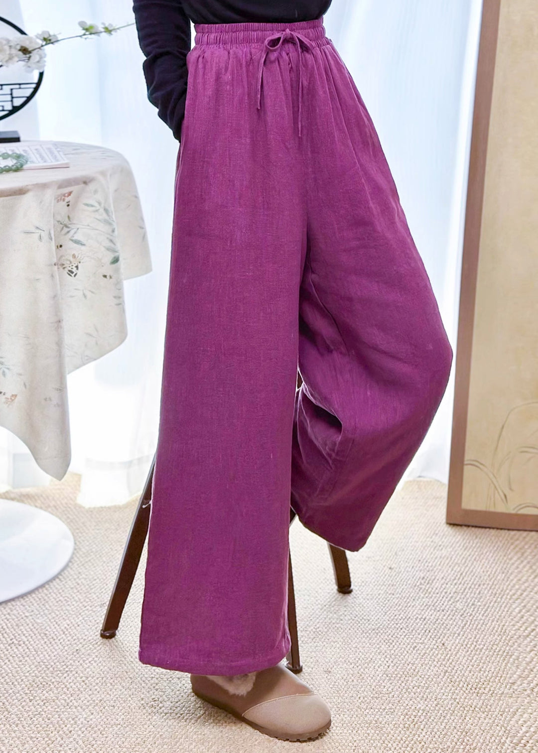 New Purple Pockets Elastic Waist Fine Cotton Filled Pants Winter
