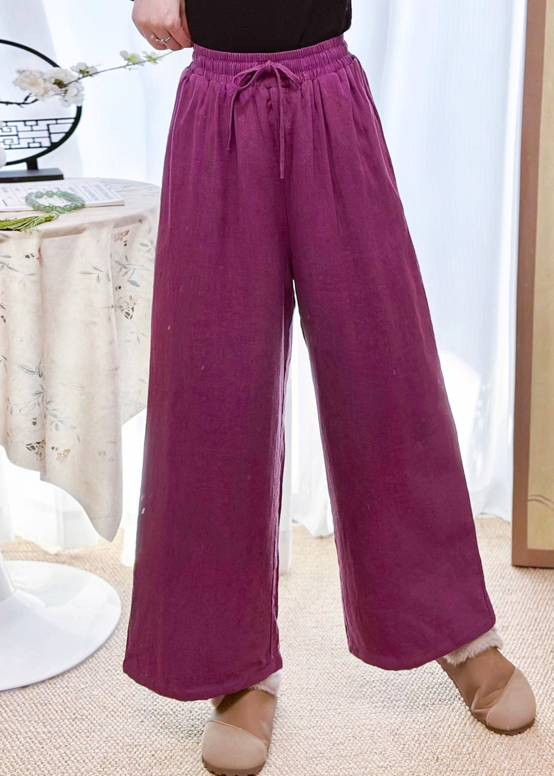 New Purple Pockets Elastic Waist Fine Cotton Filled Pants Winter