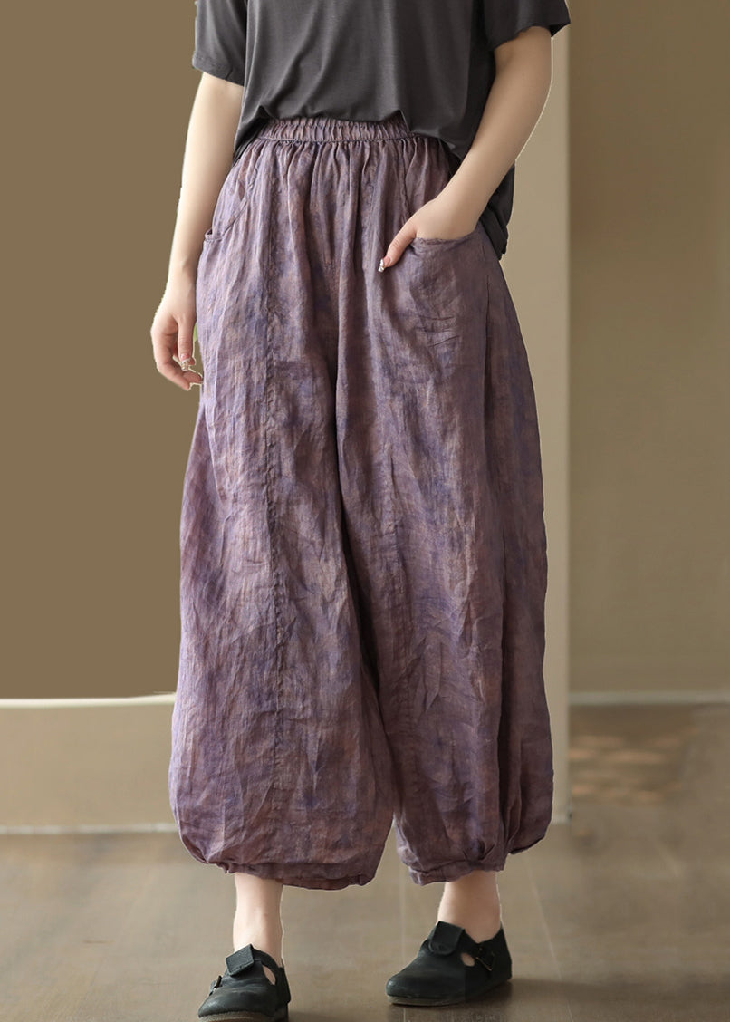 New Purple Print Pockets High Waist Linen Wide Leg Pants