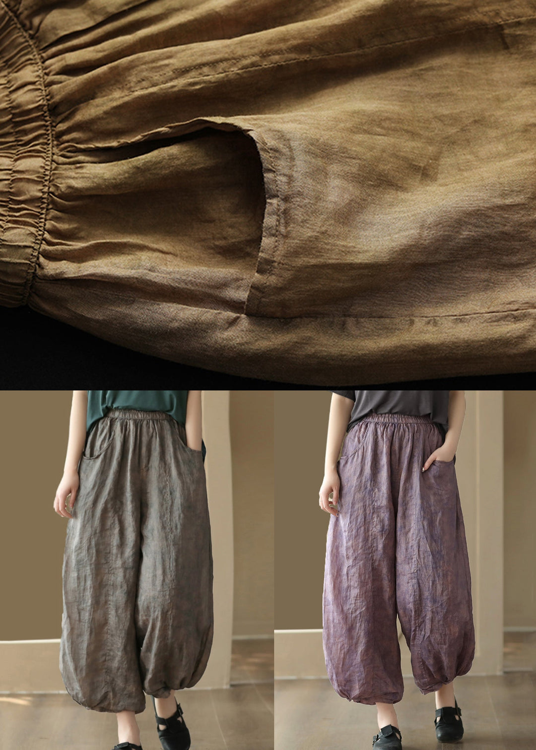 New Purple Print Pockets High Waist Linen Wide Leg Pants