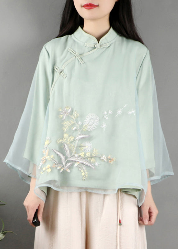 New Purple Stand Collar Embroidered Button Tulle Shirt Spring