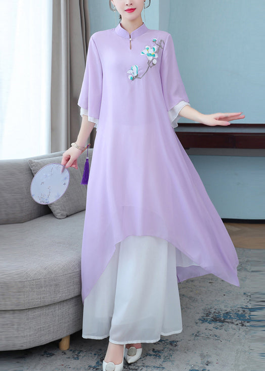 New Purple Stand Collar Embroidered Chiffon Two Pieces Set Half Sleeve