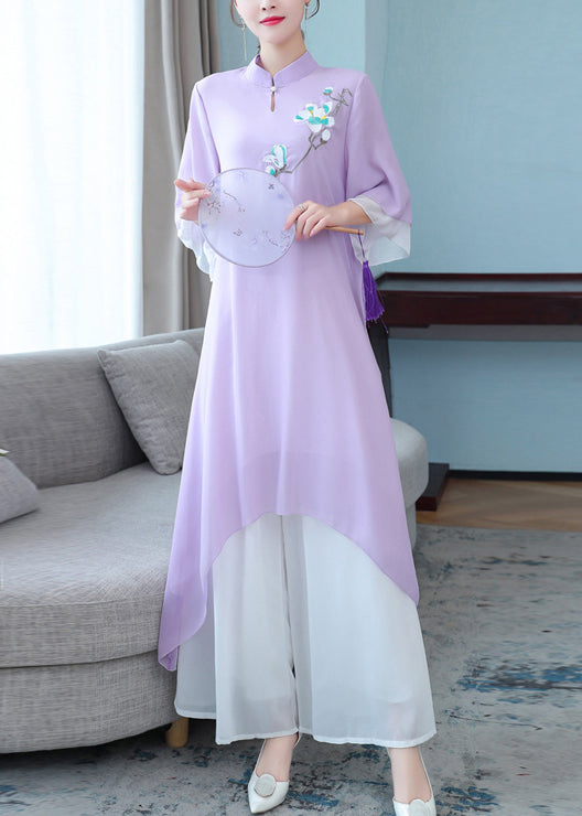 New Purple Stand Collar Embroidered Chiffon Two Pieces Set Half Sleeve