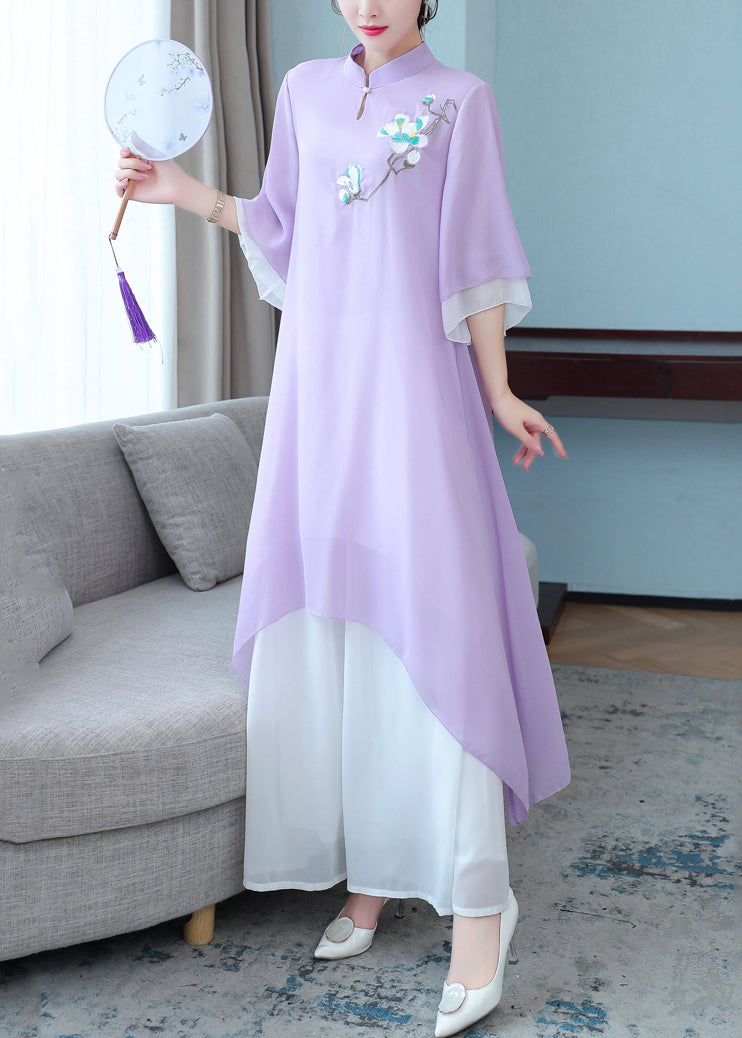 New Purple Stand Collar Embroidered Chiffon Two Pieces Set Half Sleeve