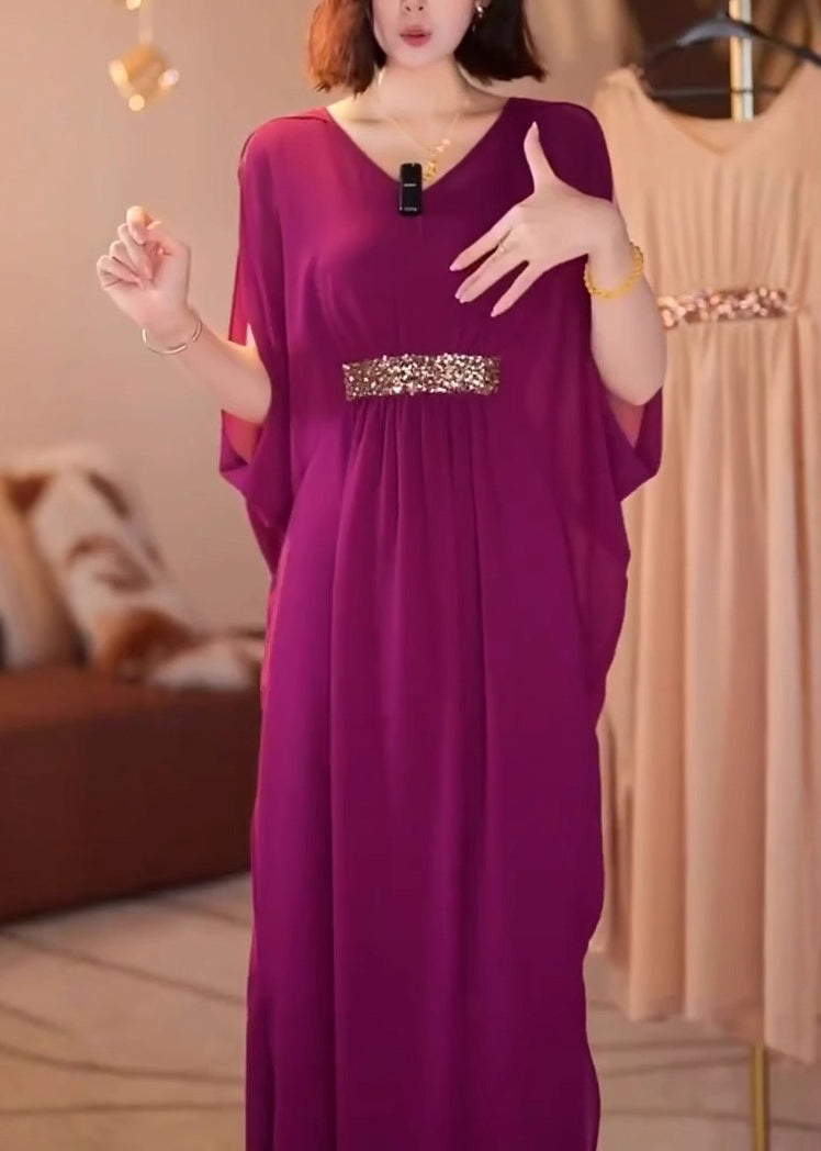 New Purple V Neck Patchwork Chiffon Dress Batwing Sleeve
