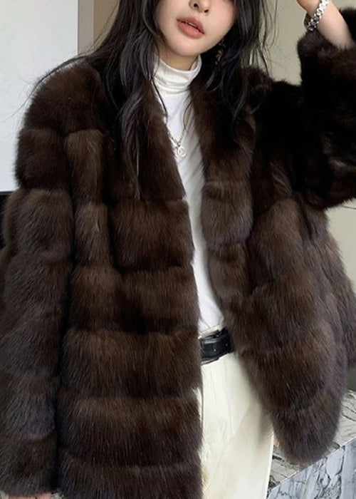 New Purple V Neck Pockets Leather And Fur Coat Winter