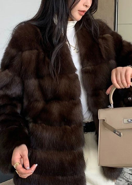 New Purple V Neck Pockets Leather And Fur Coat Winter