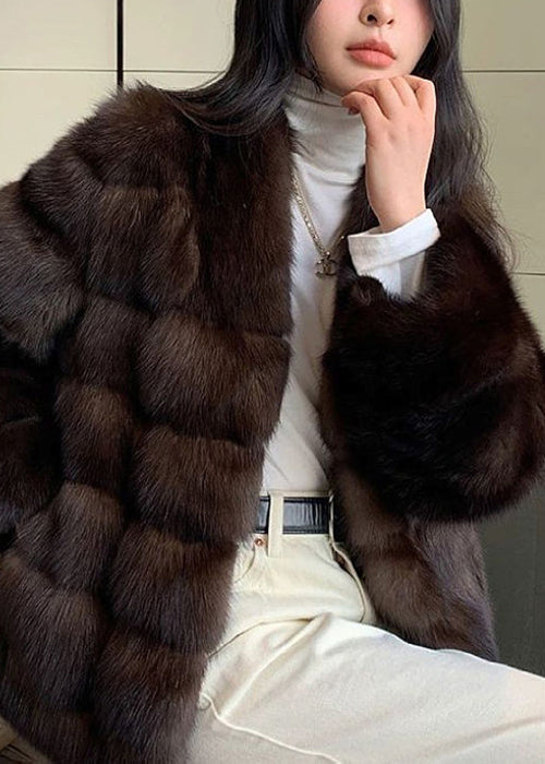 New Purple V Neck Pockets Leather And Fur Coat Winter