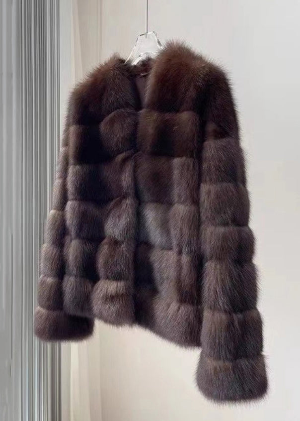 New Purple V Neck Pockets Leather And Fur Coat Winter