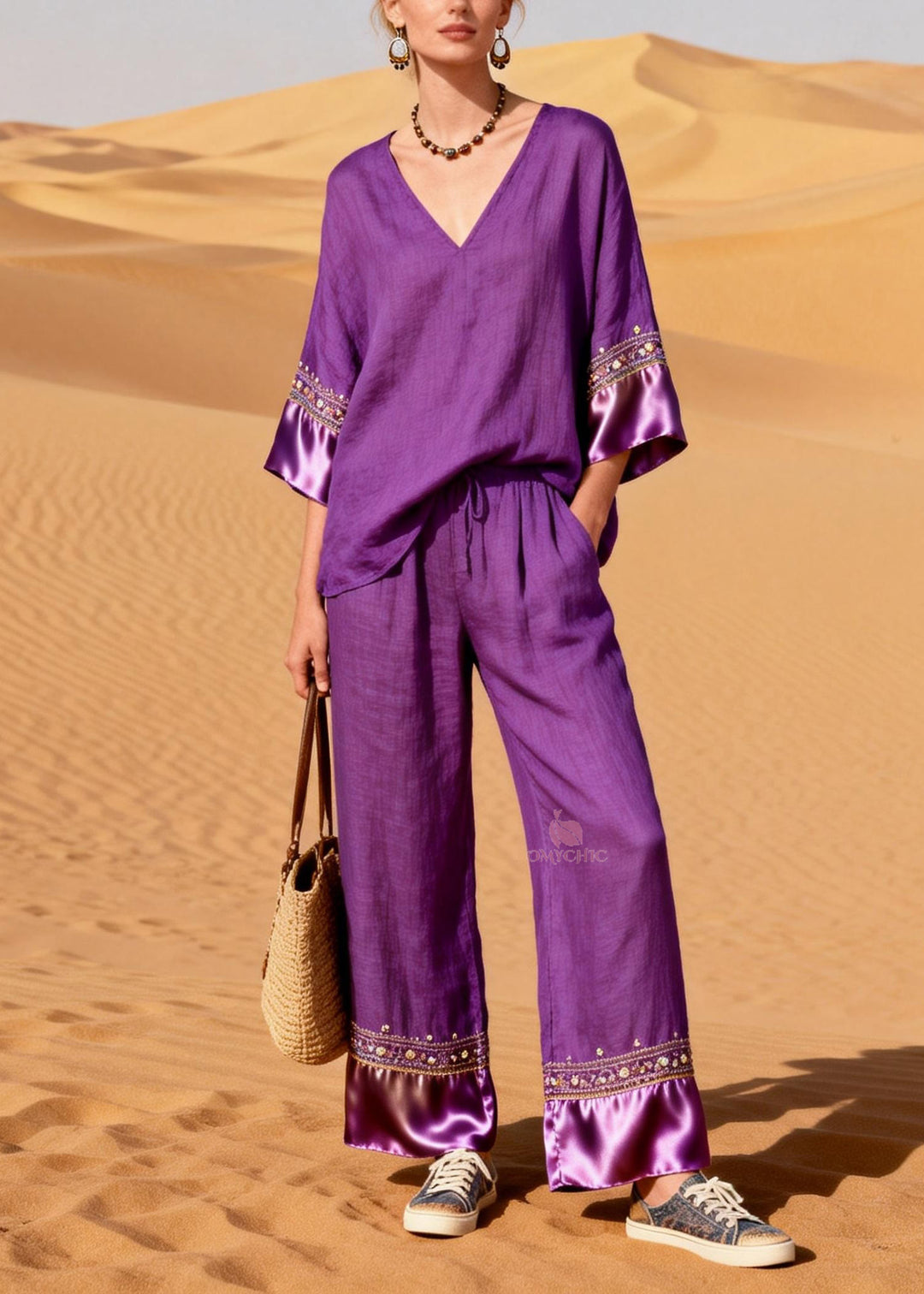 New Purple V Neck Silk Patchwork Linen Two Piece Suit Set Summer