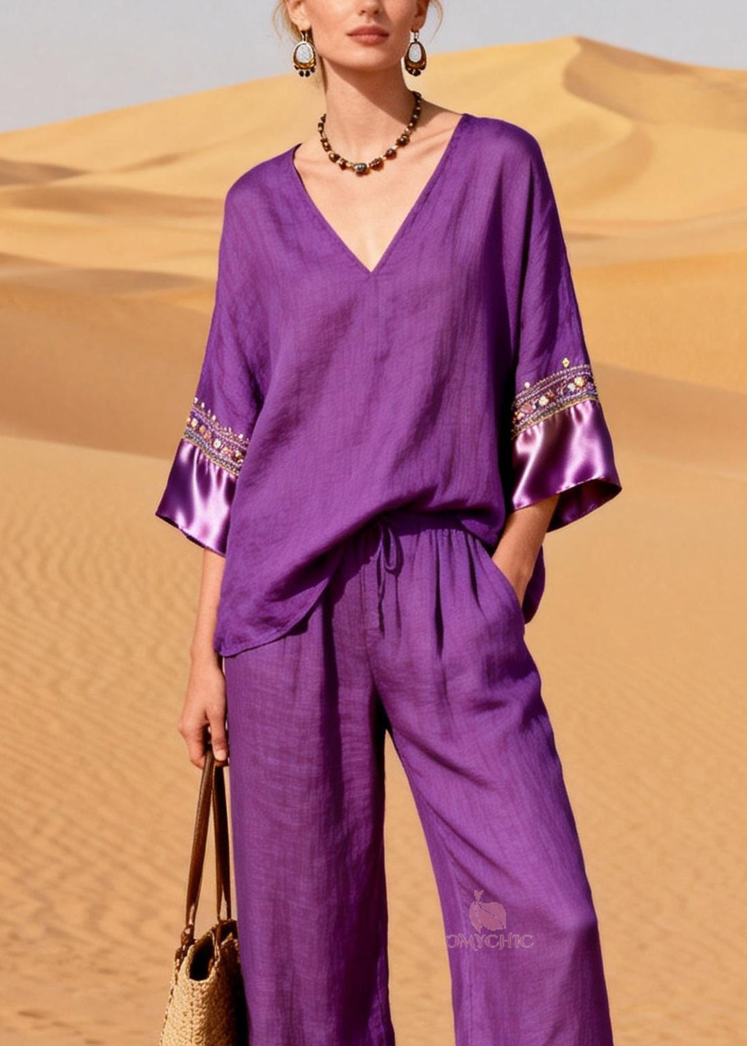New Purple V Neck Silk Patchwork Linen Two Piece Suit Set Summer