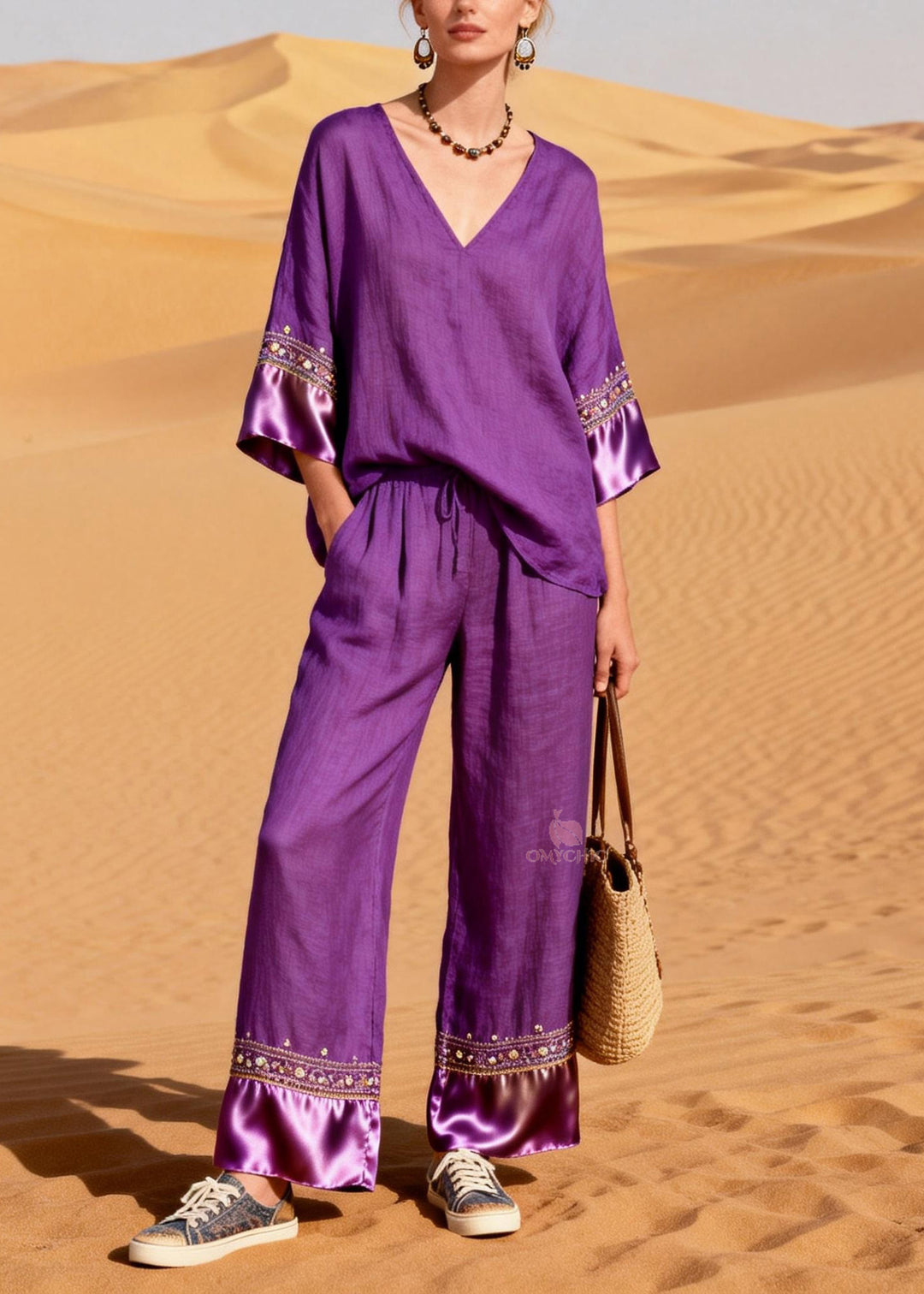 New Purple V Neck Silk Patchwork Linen Two Piece Suit Set Summer