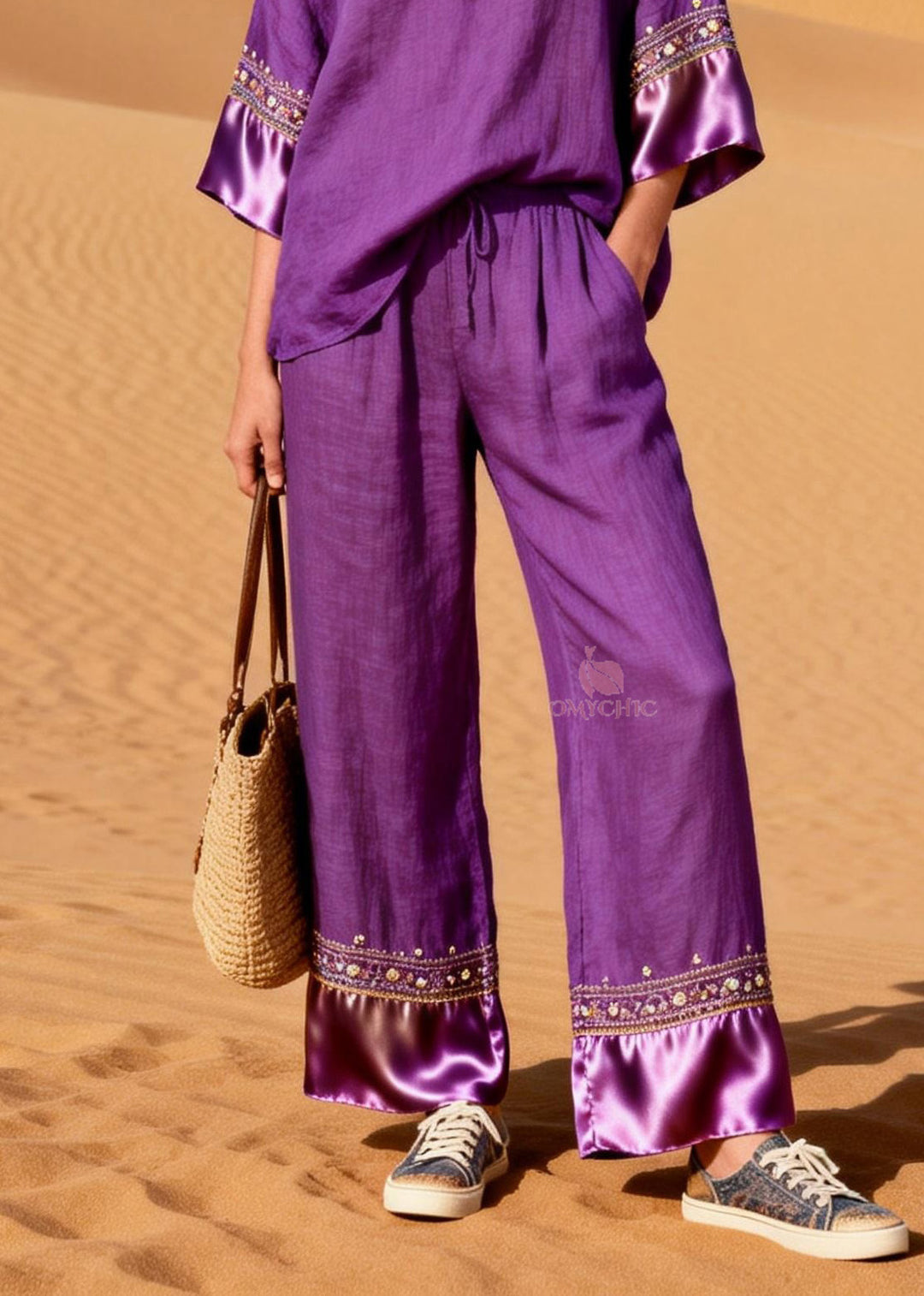 New Purple V Neck Silk Patchwork Linen Two Piece Suit Set Summer