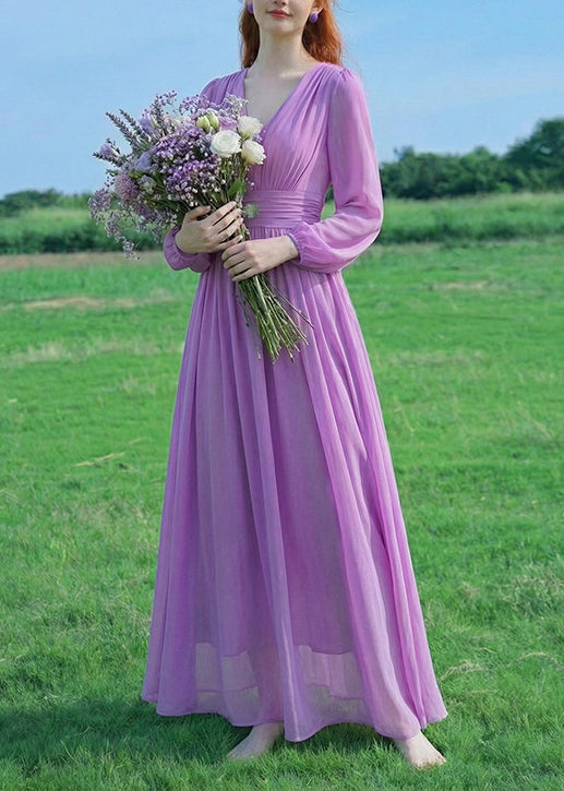 New Purple V Neck Wrinkled Patchwork Chiffon Ankle Dress Summer