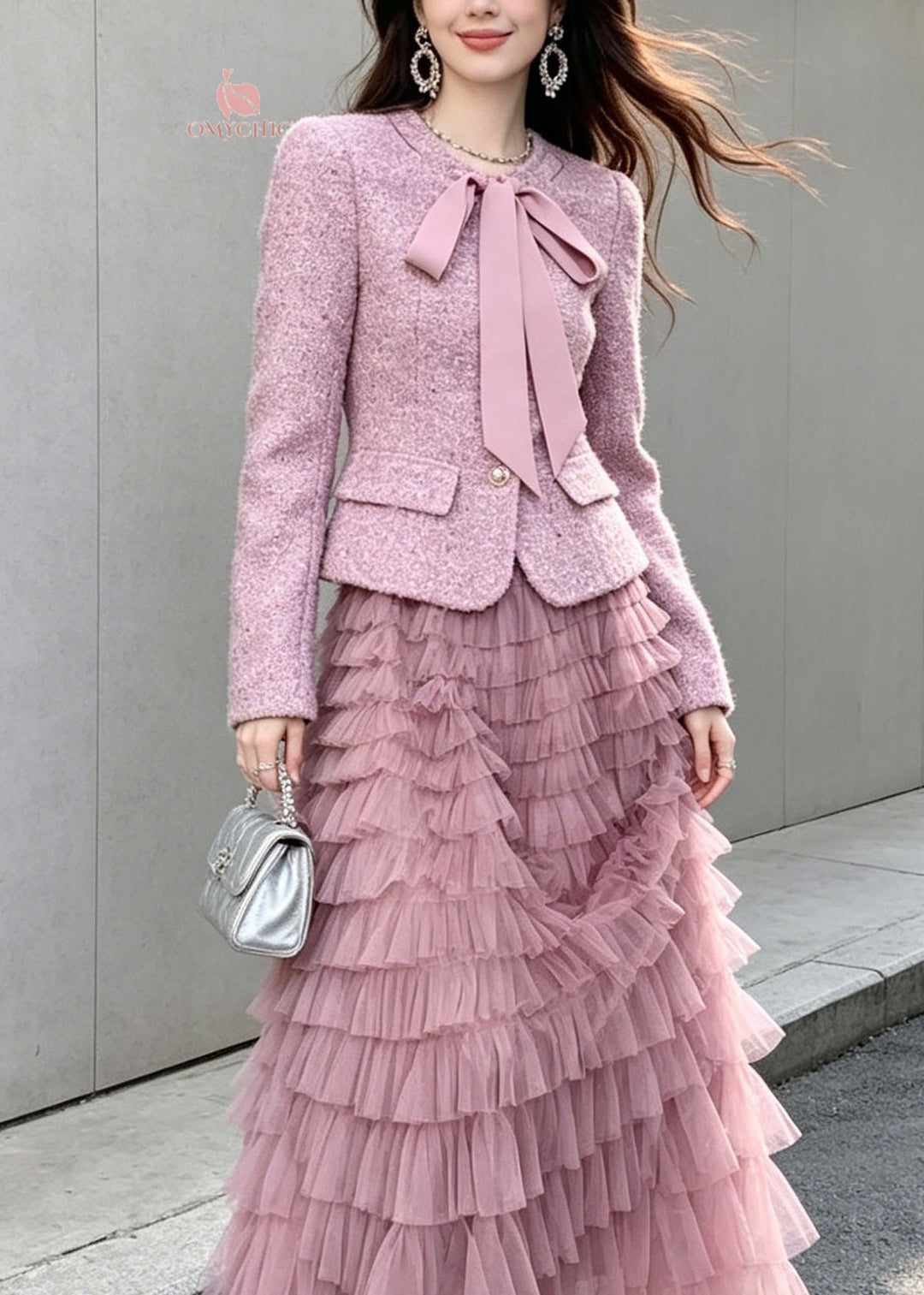 New Purple Woolen Coat And Tulle Ruffled Skirts Women Sets 2 Pieces Fall