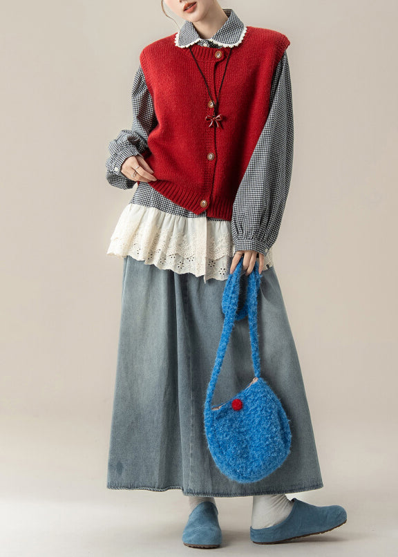 New Red Button Knit Vest And Blue Denim Skirts Patchwork Plaid Shirts Three Piece Set Fall