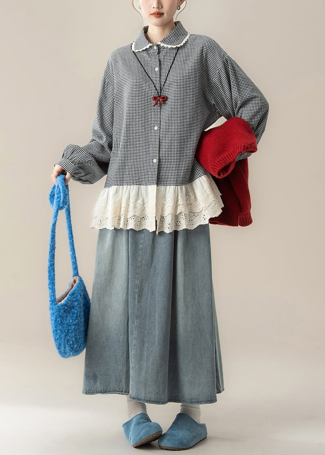 New Red Button Knit Vest And Blue Denim Skirts Patchwork Plaid Shirts Three Piece Set Fall