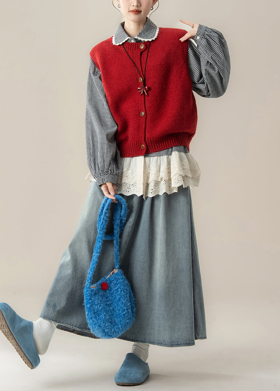 New Red Button Knit Vest And Blue Denim Skirts Patchwork Plaid Shirts Three Piece Set Fall