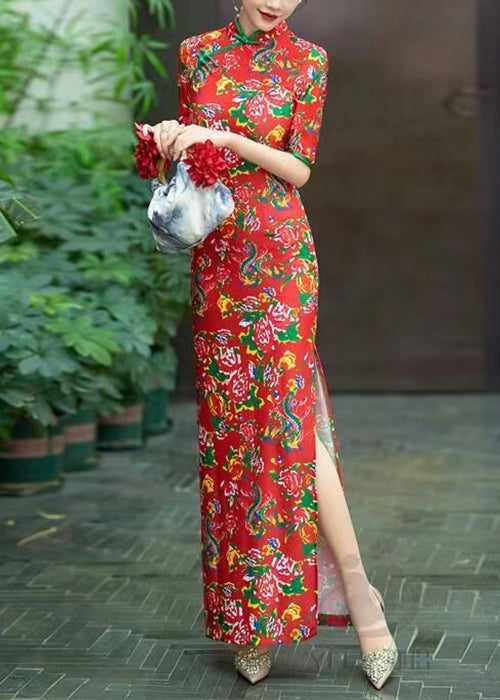 New Red Button Print Cotton Long Dresses Summer – Omychic