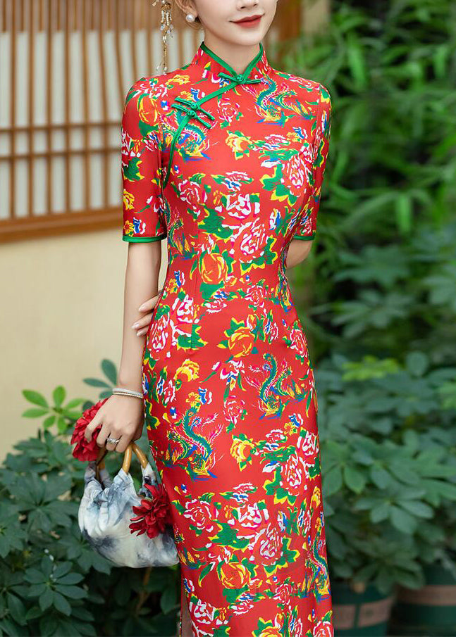 New Red Button Print Cotton Long Dresses Summer