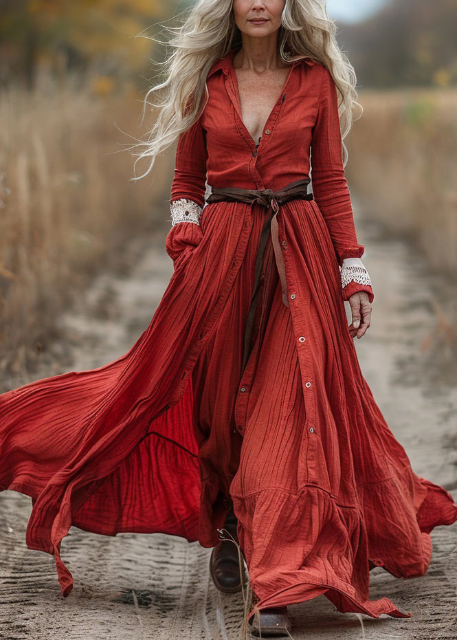 New Red Button Wrinkled Patchwork Cotton Maxi Dress Long Sleeve