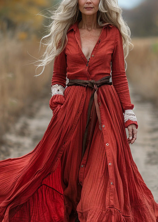 New Red Button Wrinkled Patchwork Cotton Maxi Dress Long Sleeve