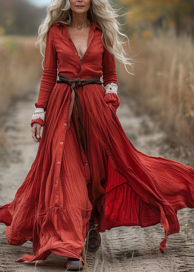 New Red Button Wrinkled Patchwork Cotton Maxi Dress Long Sleeve