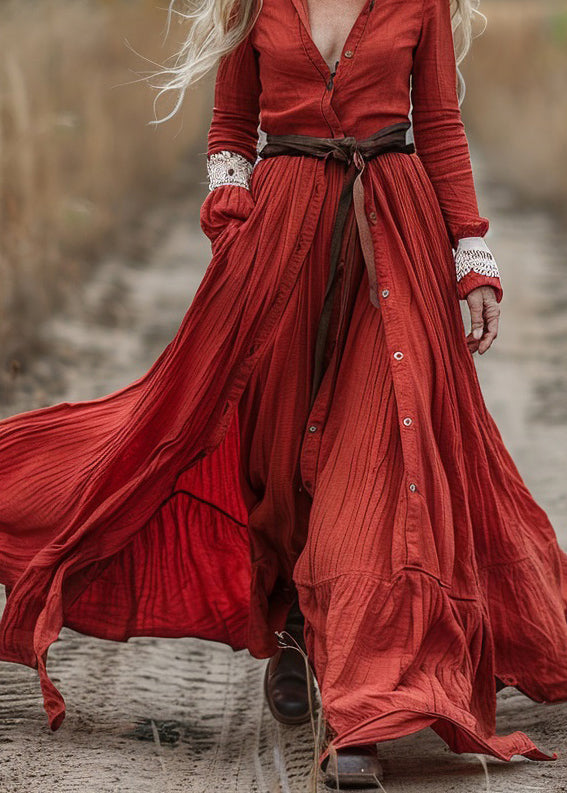 New Red Button Wrinkled Patchwork Cotton Maxi Dress Long Sleeve