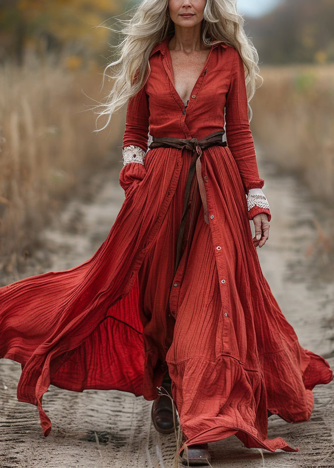 New Red Button Wrinkled Patchwork Cotton Maxi Dress Long Sleeve