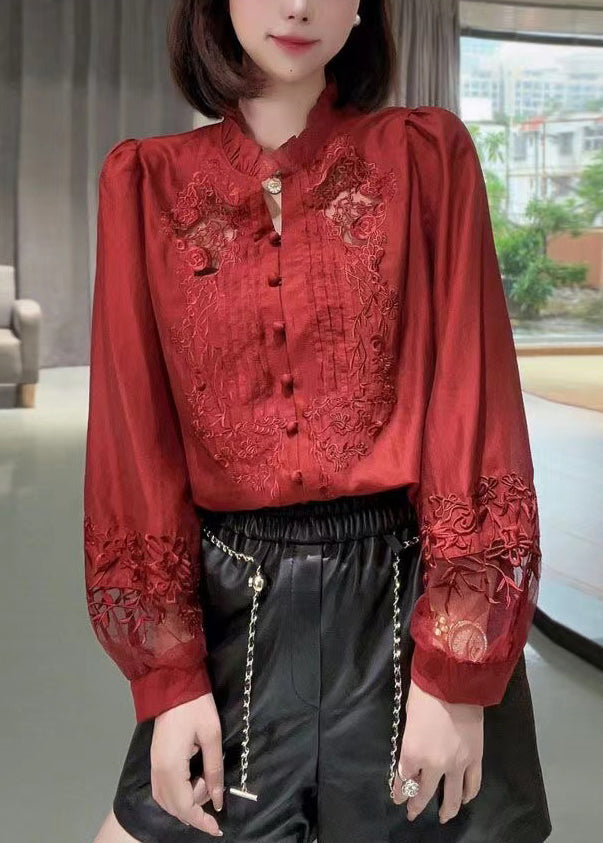 New Red Embroidered Ruffled Button Cotton Shirt Long Sleeve