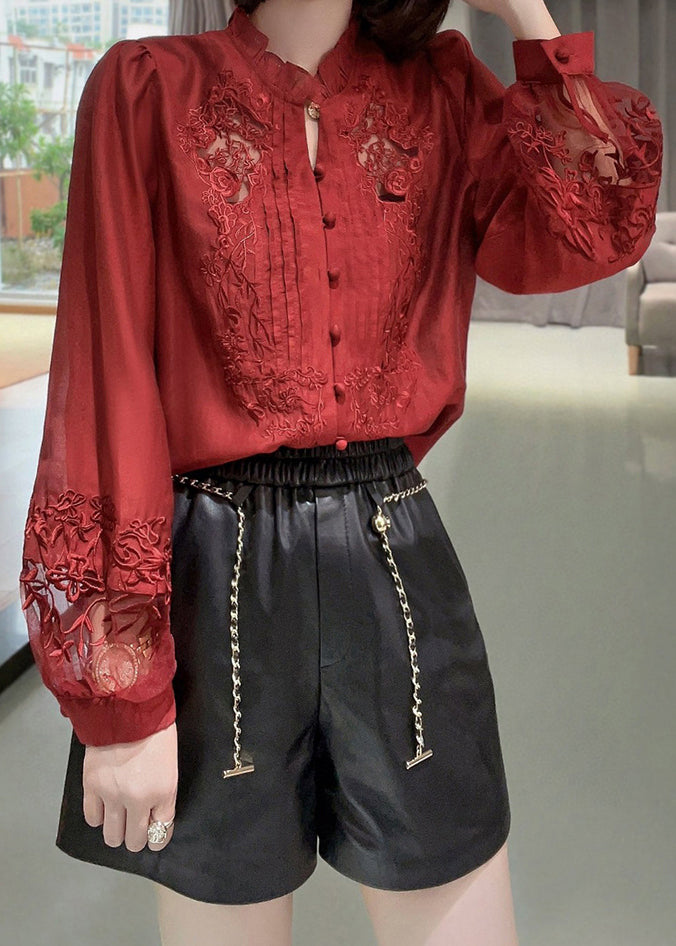 New Red Embroidered Ruffled Button Cotton Shirt Long Sleeve