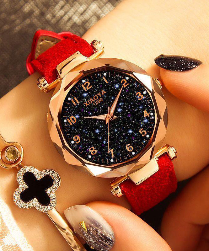 New Red Genuine Leather Starry Sky Waterproof Watch