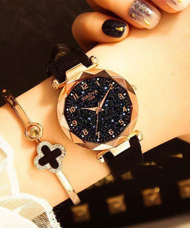 New Red Genuine Leather Starry Sky Waterproof Watch