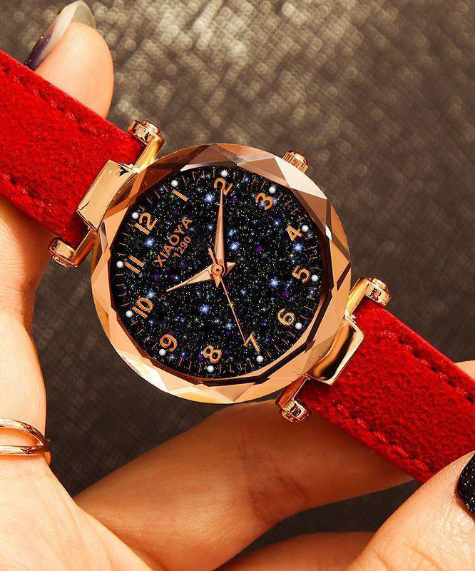New Red Genuine Leather Starry Sky Waterproof Watch