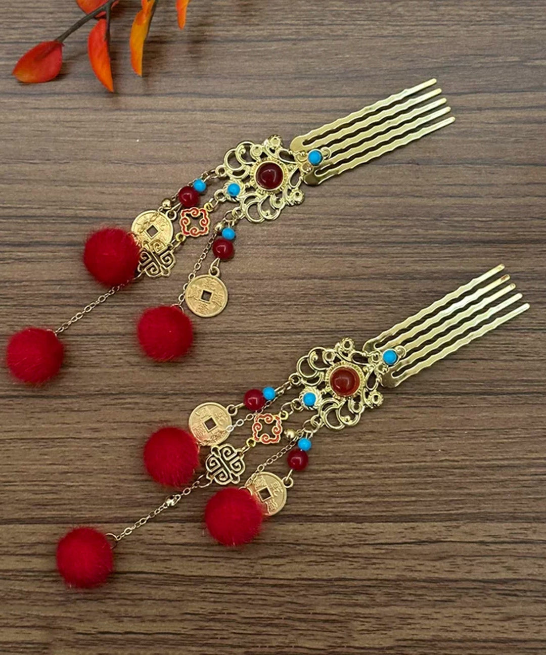 New Red Hairball Tassel Jade Metal Hairpin
